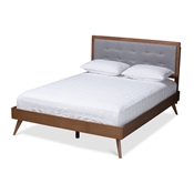 Baxton Studio Ines Mid-Century Modern Light Grey Fabric Upholstered Walnut Brown Finished Wood King Size Platform Bed